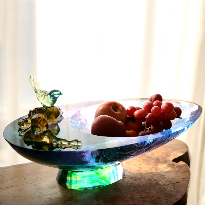 Portafrutta in vetro cristallo con decoro uccellino