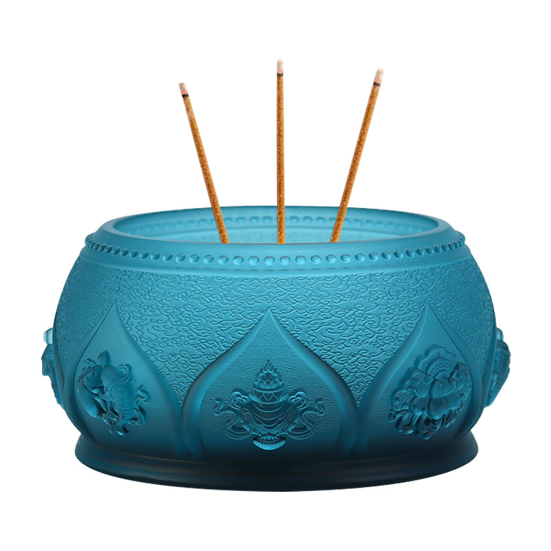 Offerte in vetro di cristallo dell'altare buddista con otto simboli di buon auspicio blu reale