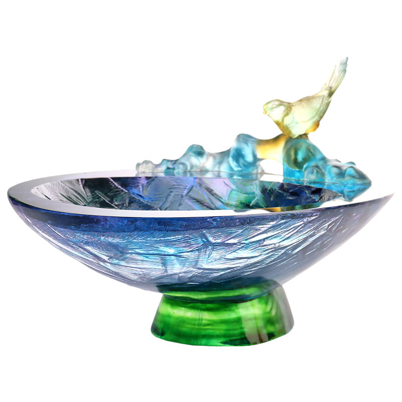 Portafrutta in vetro cristallo con decoro uccellino