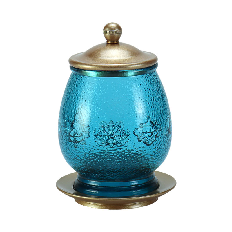 Offerte in vetro di cristallo dell'altare buddista con otto simboli di buon auspicio blu reale