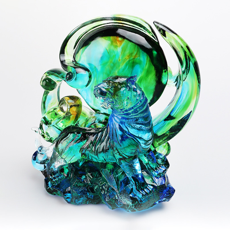 Ornamenti tigre in vetro cristallo trasparente blu-verde